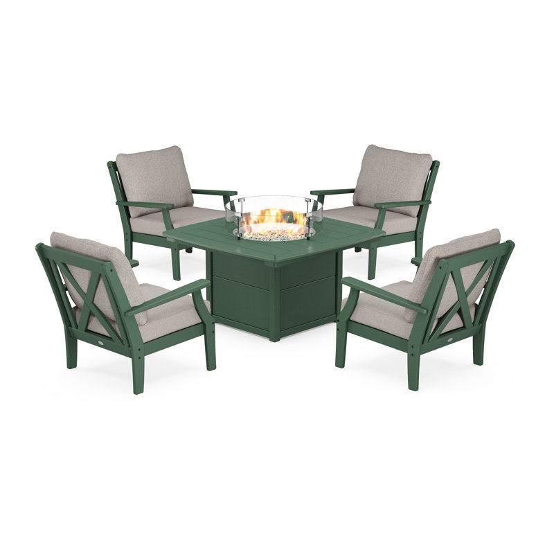 Braxton 5-Piece Deep Seating Conversation Set with Fire Pit Table, Green, Weathered Tweed Revolution® Tweed