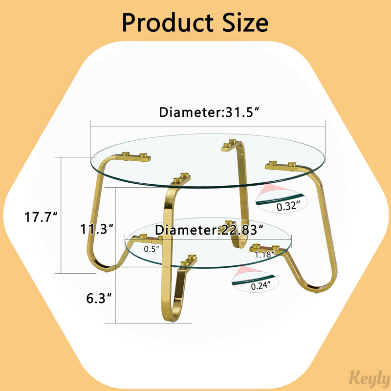 Metal Frame Double-Layer Tempered Glass Coffee Table, Gold