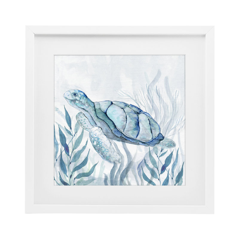 Tortue de mer avec sourire subtil, reproduction encadrée sous verre, design par Janet Tava, H 16 po x l 16 po