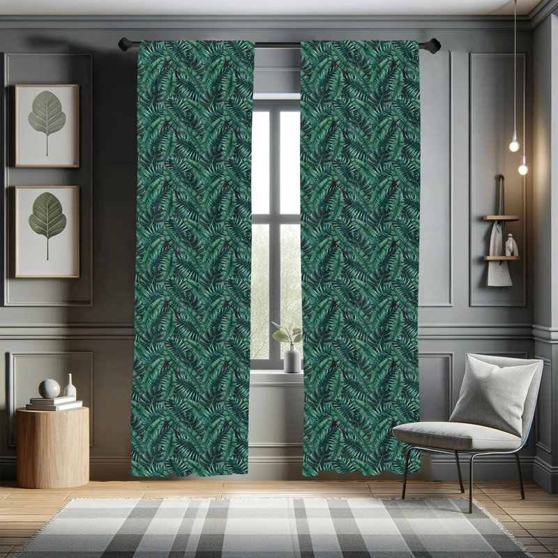 Palm Leaf Semi-Sheer Rod Pocket Curtain Panels, 28" x 95", Dark Green