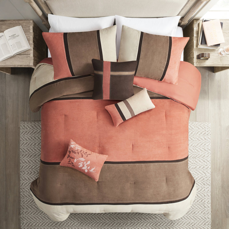 Édredon pour grand lit 7 pièces en faux suède corail - 2 taies décoratives, 1 coussin décoratif et 1 jupe de lit, Corail