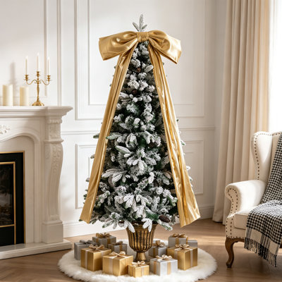 Sapin de Noël artificiel de 1,80 m (6 pi) pré-illuminé, recouvert de neige floquée, avec lumières blanc chaud et support en métal, décorations de Noël scintillantes pour la maison, le bureau et les fêtes.