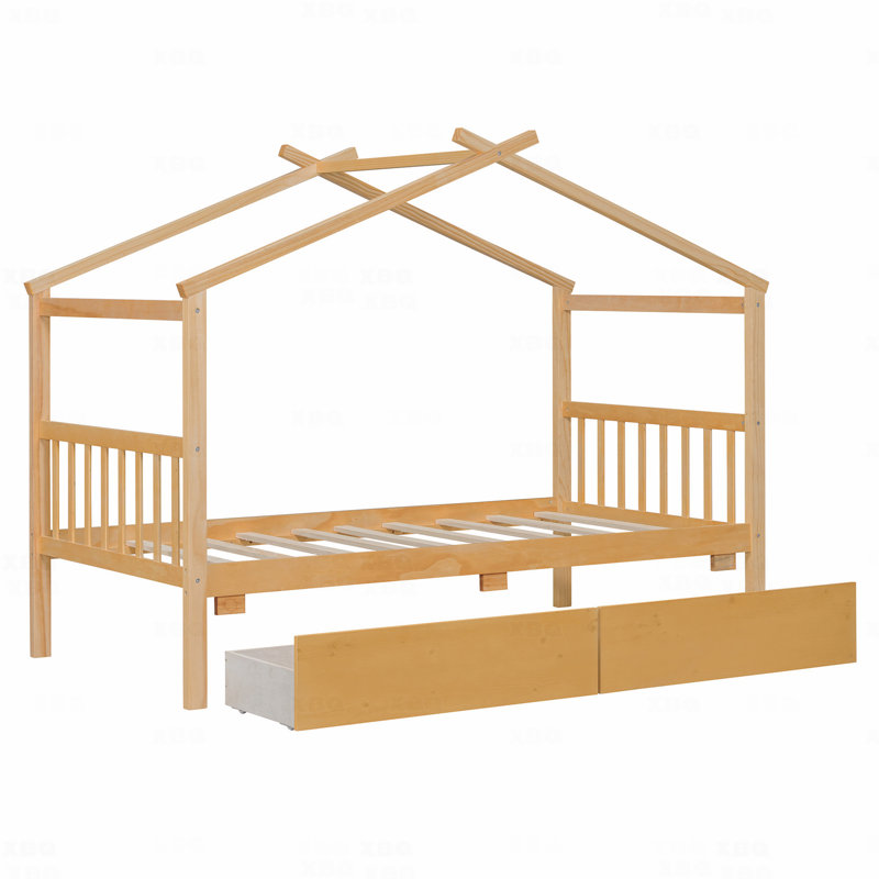 Lit simple, maison en bois avec tiroirs, Lit simple, Naturel