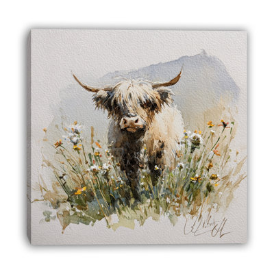 Highland Cow in Meadow Wrapped Canvas Wall Art