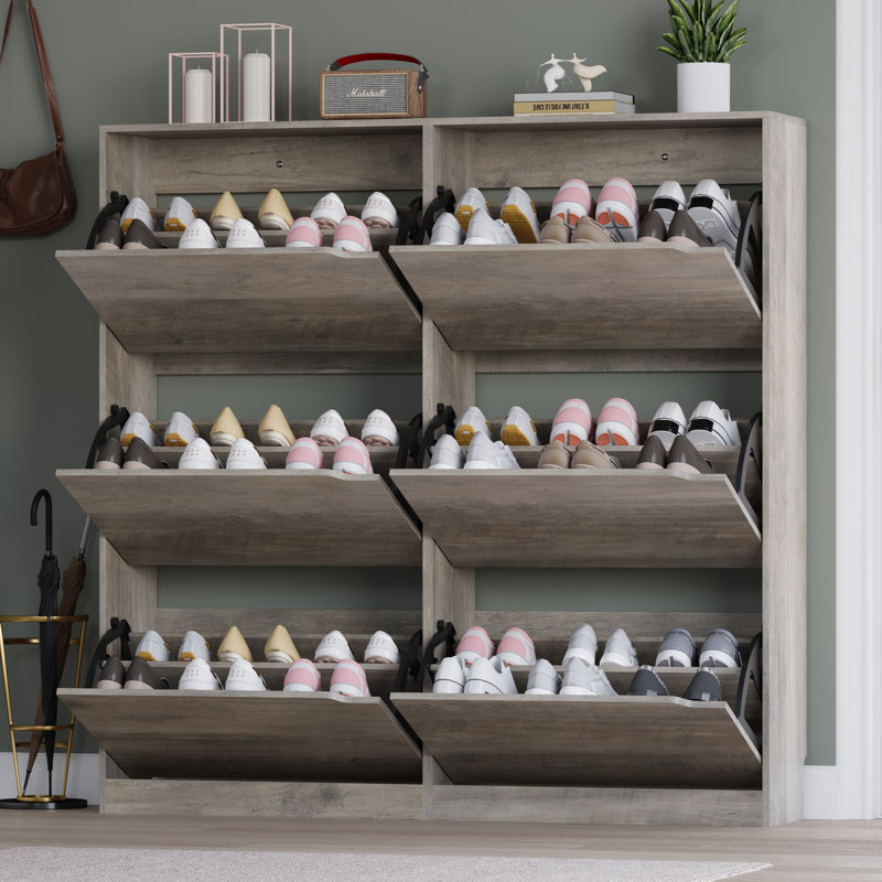 Armoire de rangement à six compartiments ultra-mince avec mécanisme anti-basculement, Gris