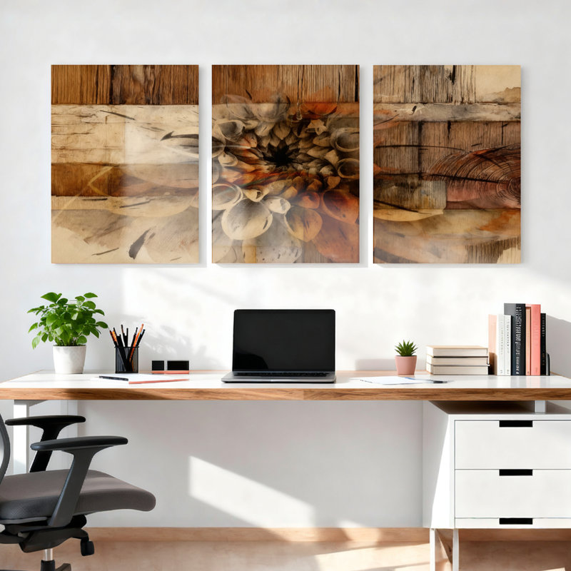 Ensemble de 3 tableaux abstraits à motif floral et texture bois, sur toile tendue, pour la décoration du salon et de la chambre.