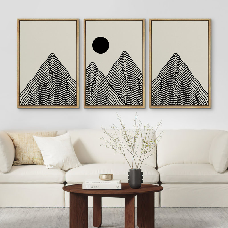 Modern Geometric Landscape Black and Beige Framed Canvas Art Set