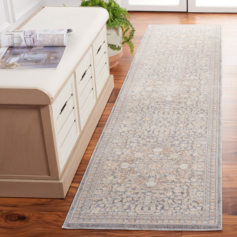 Tapis oriental en polyester tissé à la machine en ivoire / gris, Tapis de couloir 2 pi x 8 pi