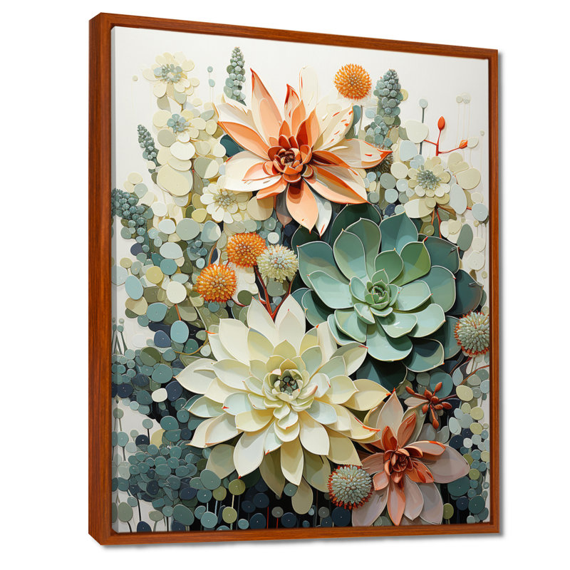 Rexlake «Green White Succulents Flowers Serene Succulents I», art mural encadré, 20" H x 12" W, Cadre flottant brun