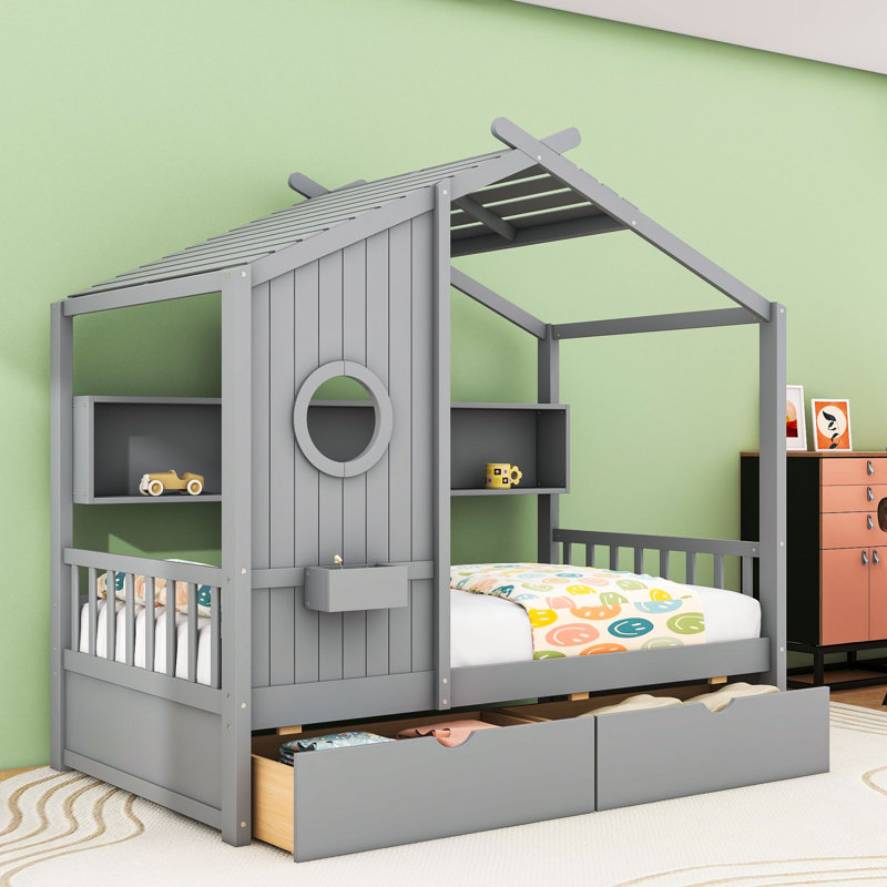 Lit de maison avec conception de maisonnette et tiroirs de rangement, Simple