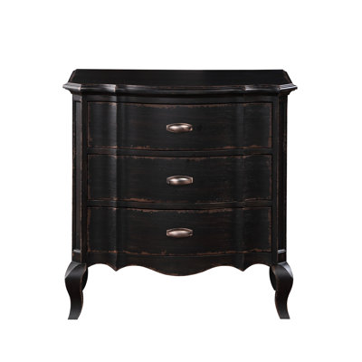 Table de chevet noire antique avec motif de lit à panneau, détails à têtes de clous, détails de têtes de clou, trois tiroirs spacieux, pieds, finition de 30 pouces de large avec tête de lit et glissières métalliques latérales de tiroir, grande, 18