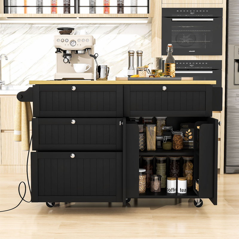 Rosauro Kitchen Islands with Storage Cabinet, 4 Drawers and Towel Rack, Black