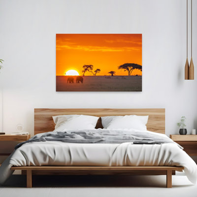 African Sunset Elephants Peaceful Serene Vibrant Elephant Landscape Nature Wall Art Print by Jeffrey C. Sink - 1 Piece Wrapped Canvas Wall Art