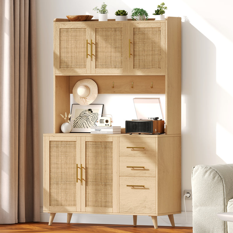 Manganaro 70.9" Kitchen Pantry with Microwave Shelf, Rattan Sideboard Buffet with Charging Station, Natural