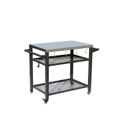 Chariot de barbecue à 3 étagères pour usage extérieur, plateau en acier inoxydable antirouille, cloison en maille pour bloquer les éclaboussures d'eau, crochets supplémentaires pour outils, roues avec freins, support de barbecue pratique pour l'extérieur, à poser sur un comptoir ou à utiliser avec de l'eau.