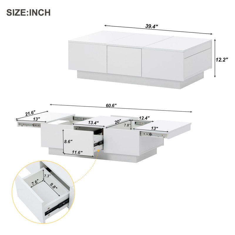 Table basse extensible avec rangement, Blanc