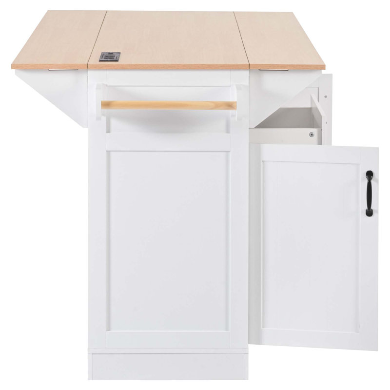 55.7'' Large Kitchen Island With 2 Drop Leaf,, Rolling Kitchen Cart On 5 Wheels With Power Outlet, Folding Storage Dining Table With Spice & Towel Rack , 3 Drawers, For Kitchen, Dining Room,White