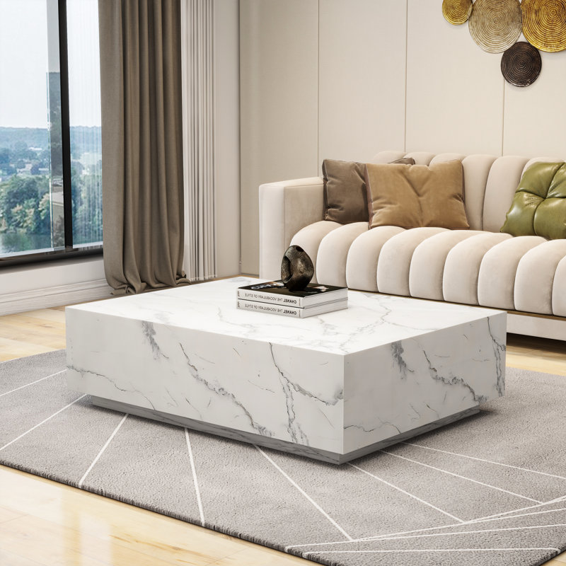 Klusek 47'' Faux Marble Modern Block Coffee Table, White/Grey