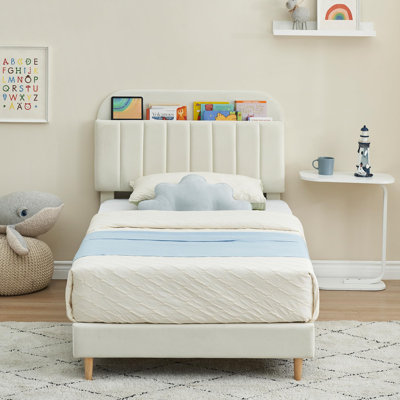 Full Bed Frame with Storage Headboard, Girl Full Size Velvet Upholstered Platform Bed, Wooden Slats, Noise-Free, Easy Assembly, No Box Spring Needed, Beige