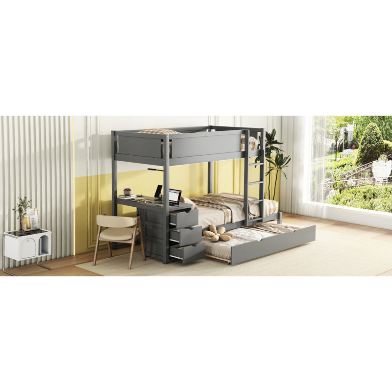 Élégant lit superposé Twintwin avec finition grise, bureau et lit gigogne simple, rangement - Améliorez l'utilisation de la chambre à coucher