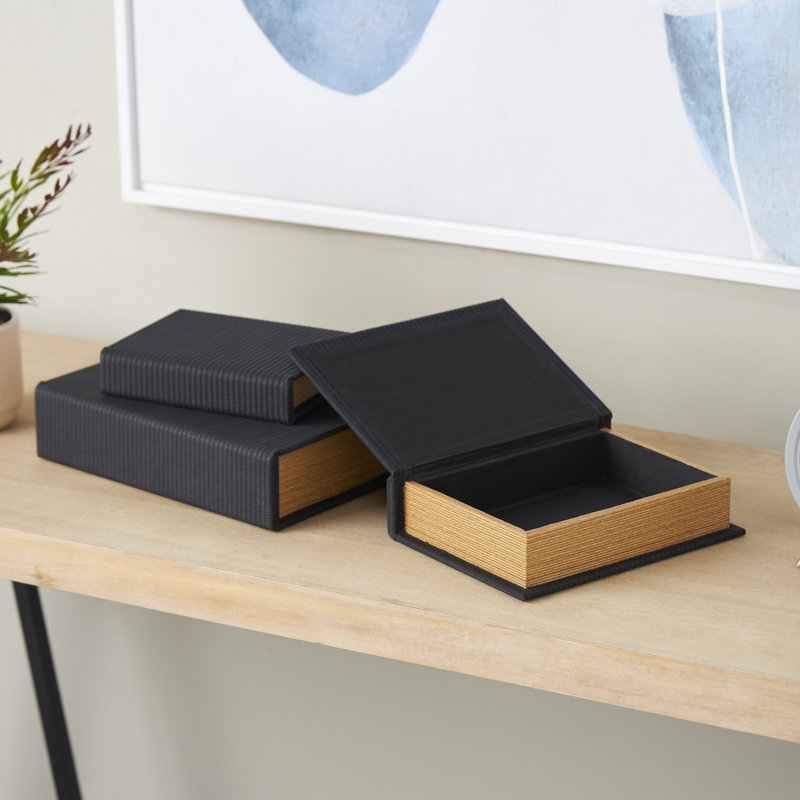 Coal Black Faux Leather and Wood Book Shaped Decorative Box Set