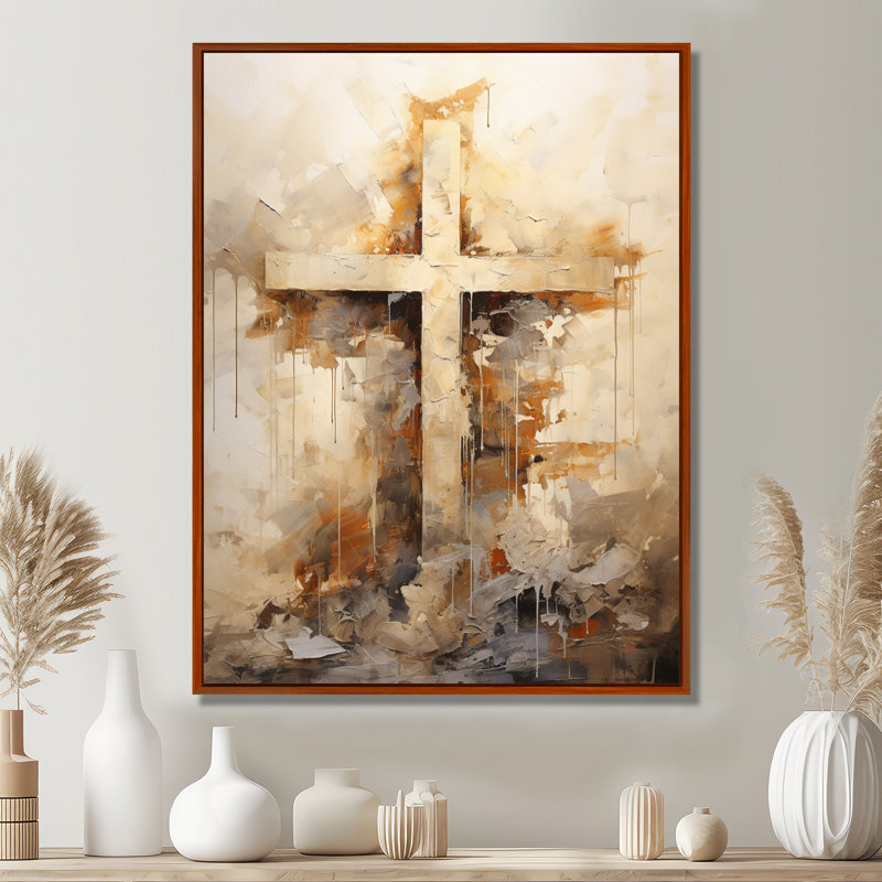 Minimalisme, croix religieuse, H 40 po x l 30 po x P 1,5 po, Cadre flottant brun
