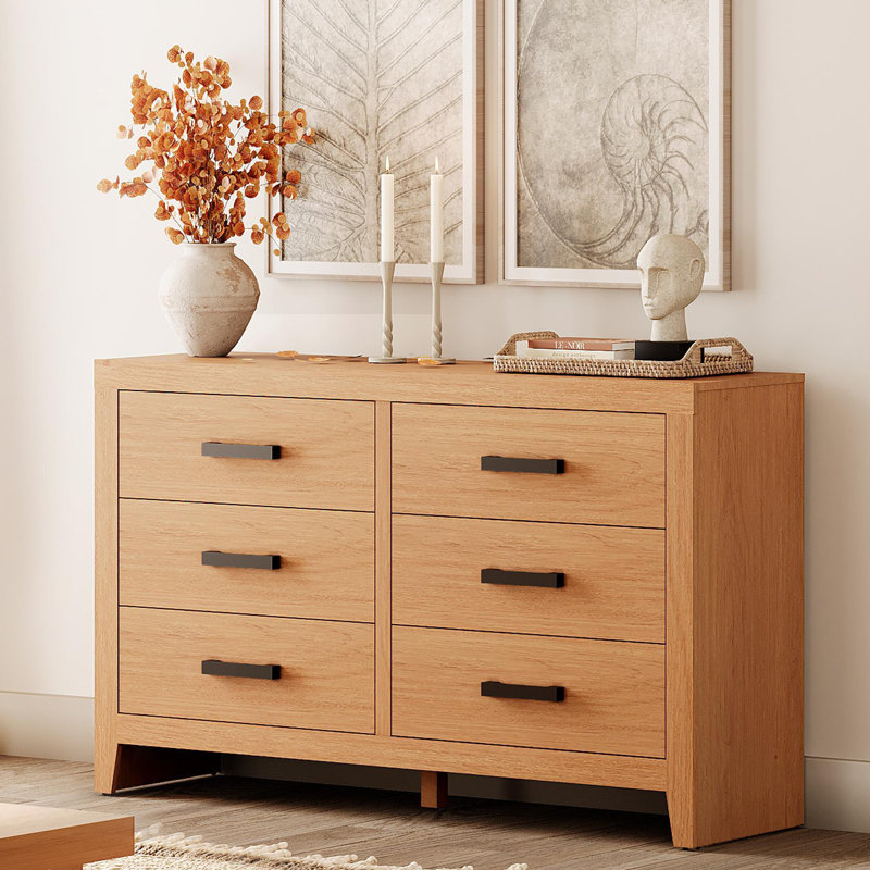 6 Drawer Dresser for Bedroom, 53" Wide Wood Double Dresser with Large Drawers, Farmhouse Rustic Chest of Drawers, Oak Storage Organizer for Living Room,