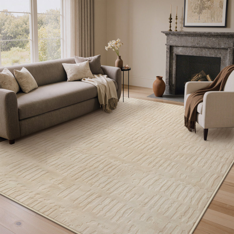 Tapis beige à poils longs et courts, relief lavable à la machine, Rectangle 5 pi x 7 pi