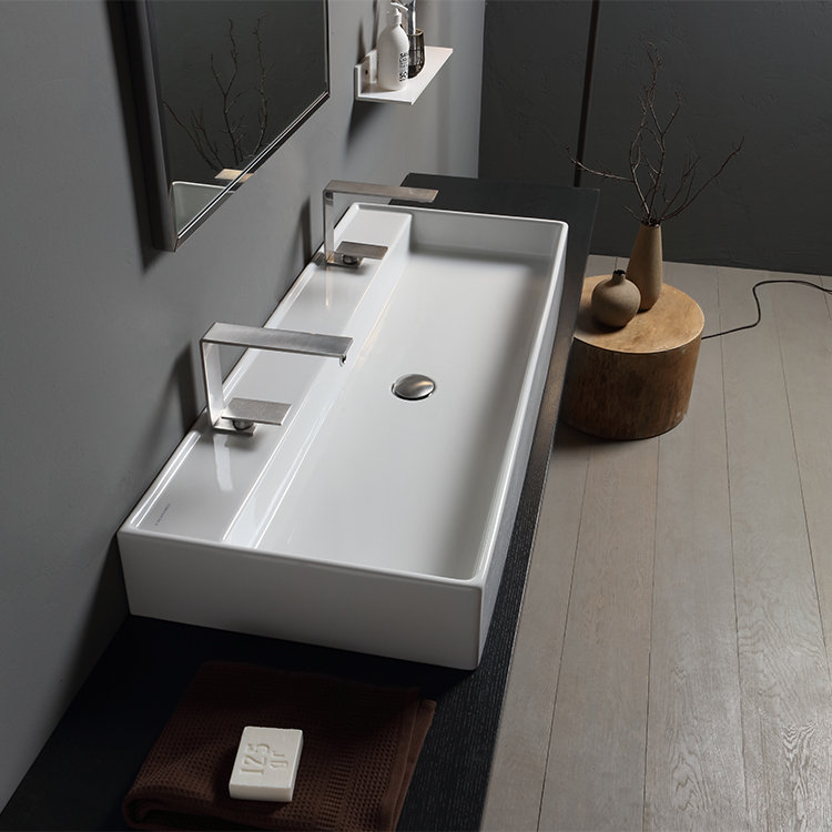 Glossy White Ceramic Wall Mounted Double Faucet Bathroom Sink