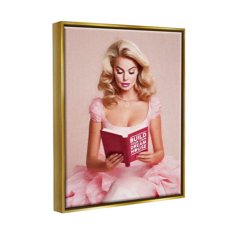 «Girl In Pink Reading» par Amanda Greenwood, Cadre flottant métallique doré, H 31 po x l 25 po x P 1,7 po