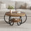 Table basse 30 pouces ronde Farmhouse avec tablette de rangement, table centrale en bois rustique à 2 niveaux avec pieds en métal incurvés, meubles de salon compacts pour petits appartements, brun