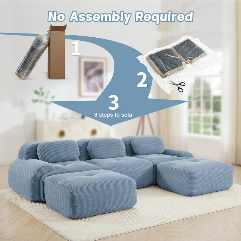 Canapé modulaire en forme de U Boneless, Velours côtelé bleu