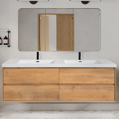 Aeris 72 Inch Double Sinks Wall-Mounted Modern Bathroom Vanity With Countertop And 4 Sliding Drawers