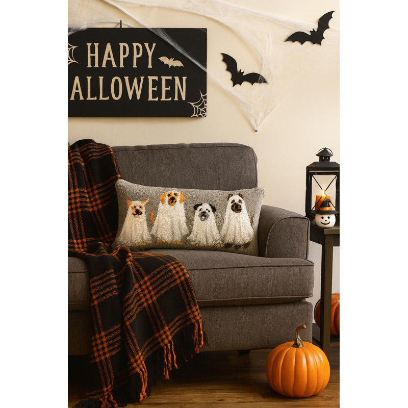 Ghost Dogs Halloween Hooked Throw Pillow