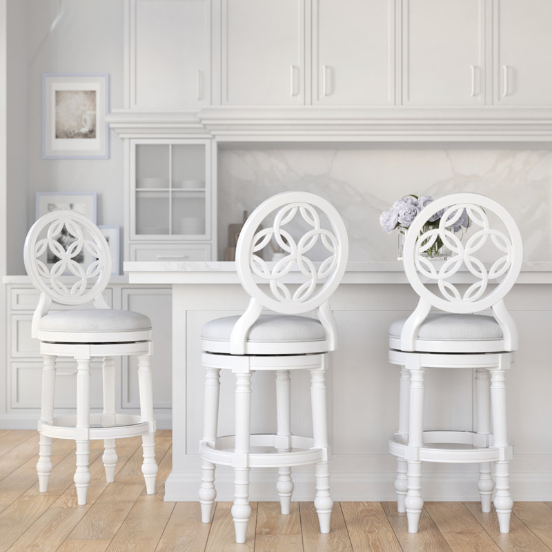 Tabouret de bar en bois blanc à haut dossier de 31 po avec siège pivotant et rond, retour à 180 degrés, pieds tournés, rembourré, repose-pieds pour restaurant en blanc, siège confortable automatique sur bois robuste,