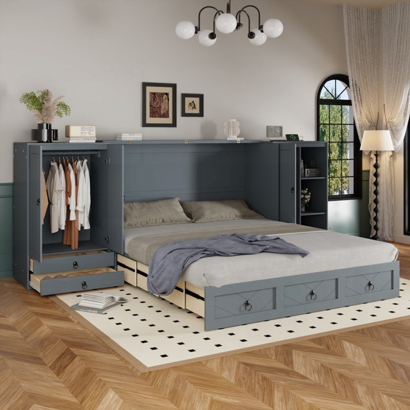 Grand lit escamotable avec port USB, petites armoires et tiroirs, gris