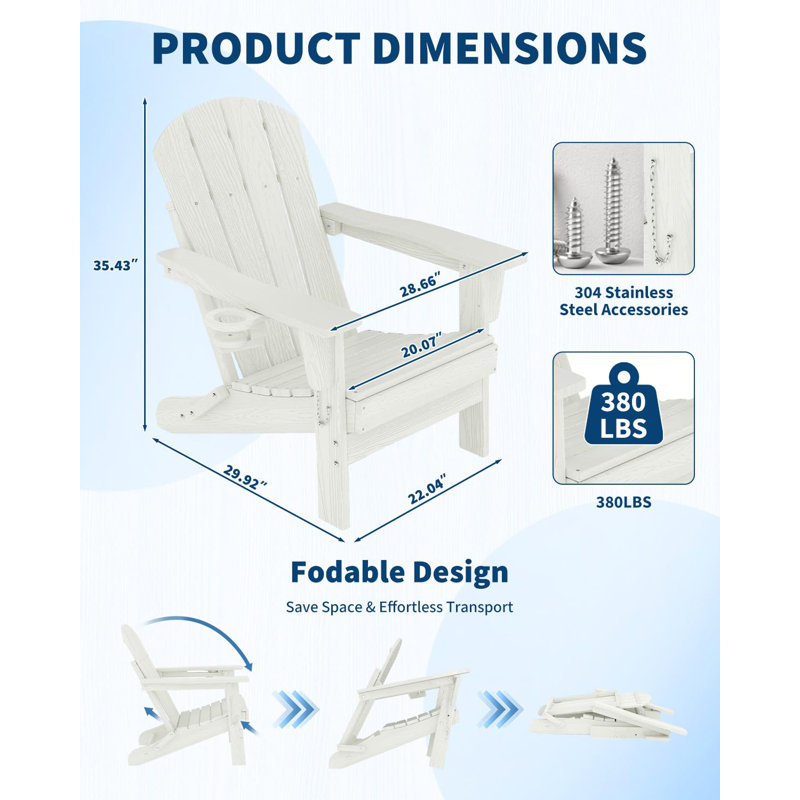 Set of 2 All-Weather HDPE Folding Adirondack Chairs - Cup Holder, Collapsible, Weather Resistant, Wood Grain Texture, Outdoor Patio Furniture for Garden, Deck, Fire Pit (White)