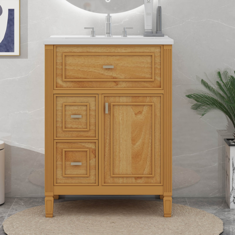 Meuble-lavabo de 24 po avec lavabo, tiroir basculant, supports de rangement et tablette réglable, Bois