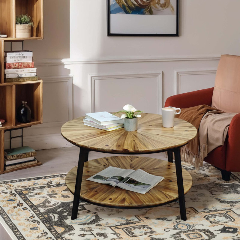 Table basse 31,5 "à double couche ronde en bois avec espace de rangement ouvert