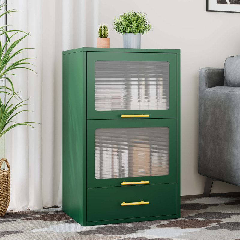 Armoire de rangement en métal durable avec portes en acrylique rabattables et 1 tiroir, idéale pour les espaces de vie organisés