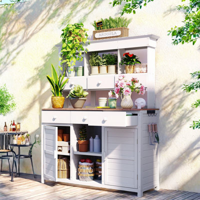 Potting Bench Table with 3 Shelves,6 Drawers