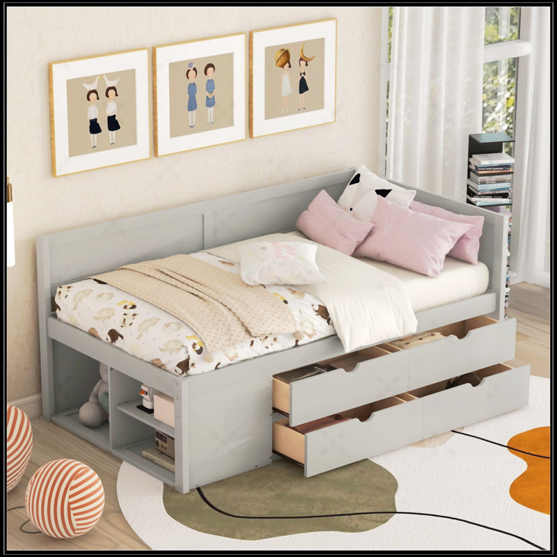 Lit de jour simple avec tiroirs et tablettes, gris, solution de rangement compacte et élégante pour les maisons modernes