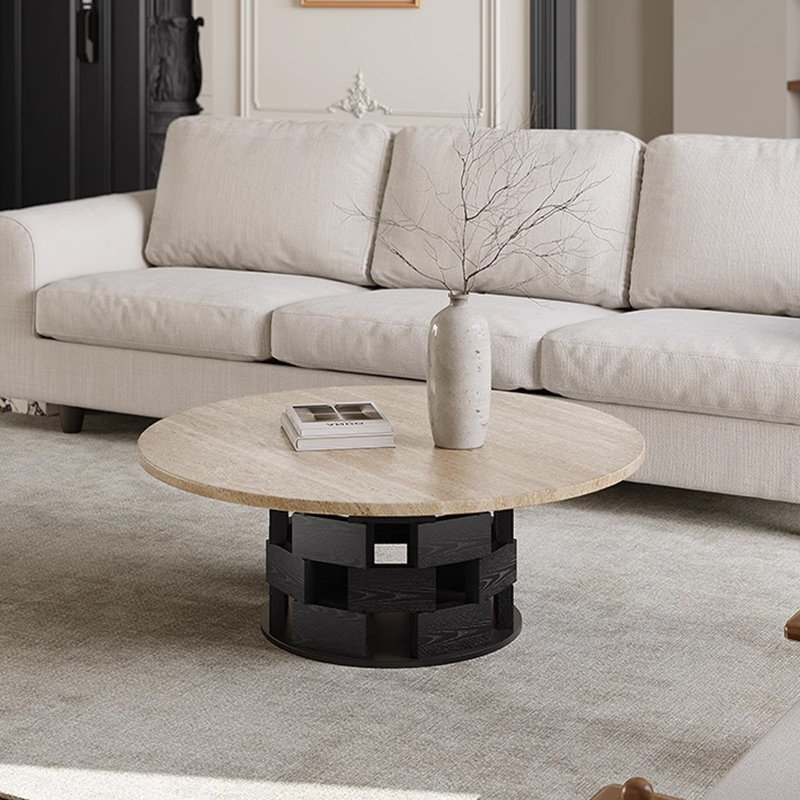 Table basse en travertin de style Wabi-sabi, H 13,77 po x L 27,55 po x l 27,55 po, Noir