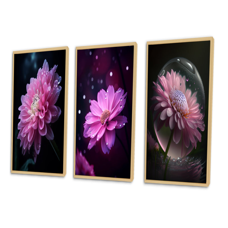 «Gouttes d'eau délicates sur pétales de dahlia roses», 3 pièces, Cadre naturel flottant, H 32 po x l 48 po