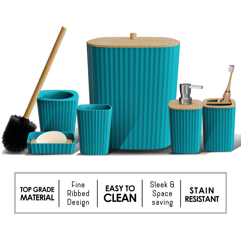 Ensemble complet d'accessoires de salle de bain 8 pièces avec accents en bambou, poubelle, brosse de toilette et 2 tapis de bain inclus