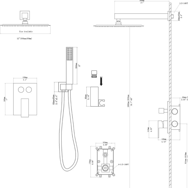 Pomme de douche murale carrée double noire matte de 12 pouces avec - valve équilibrée, pomme de pluie ultra mince, rotation à 360 ° et facile à entretenir