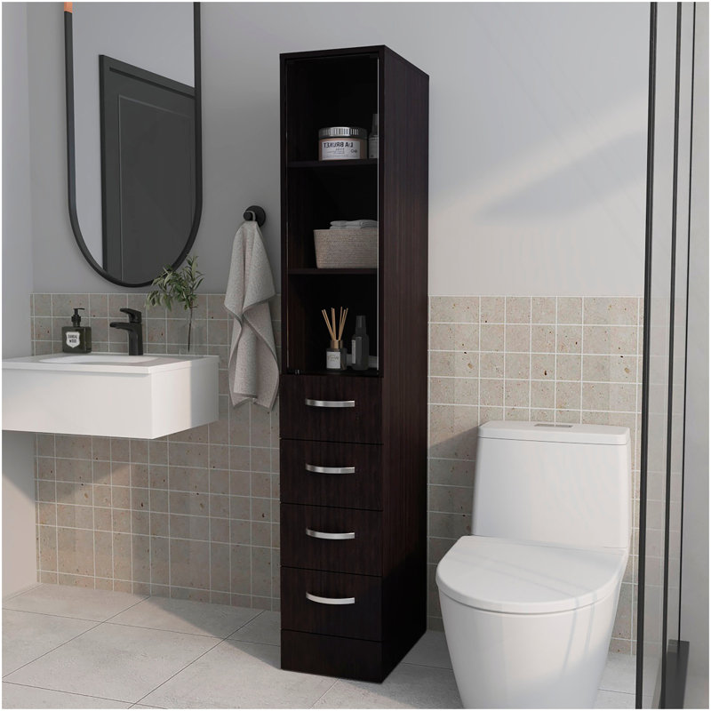 Armoire à linge de salle de bain Pieng avec porte en verre et tiroirs, wengé