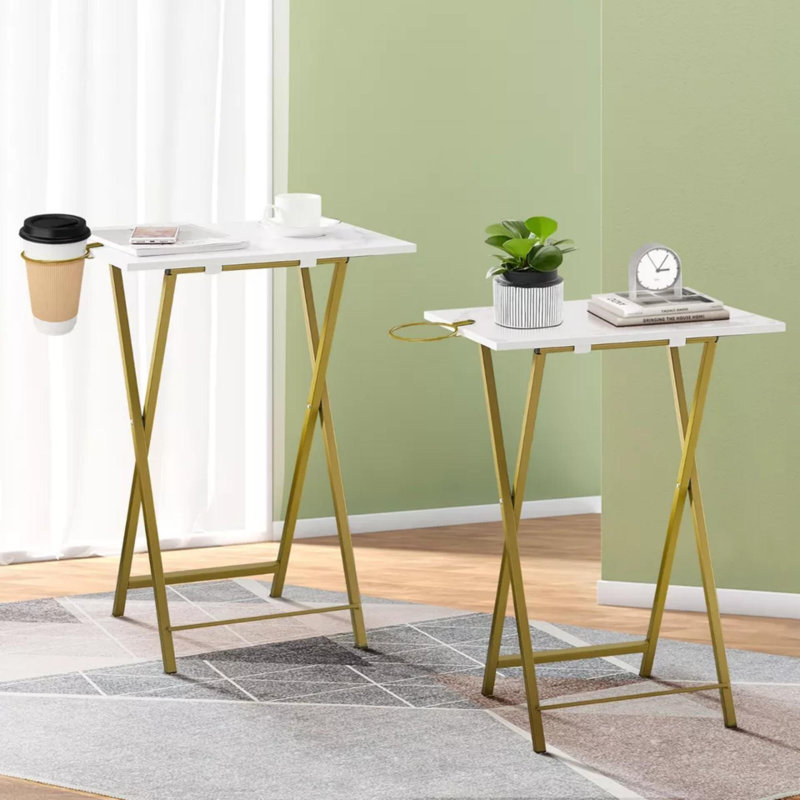 Folding TV Tray for Eating Set of 2, Portable Dinner/Snack Table for Couch, Living Room and Small Space, White Top/Gold Base