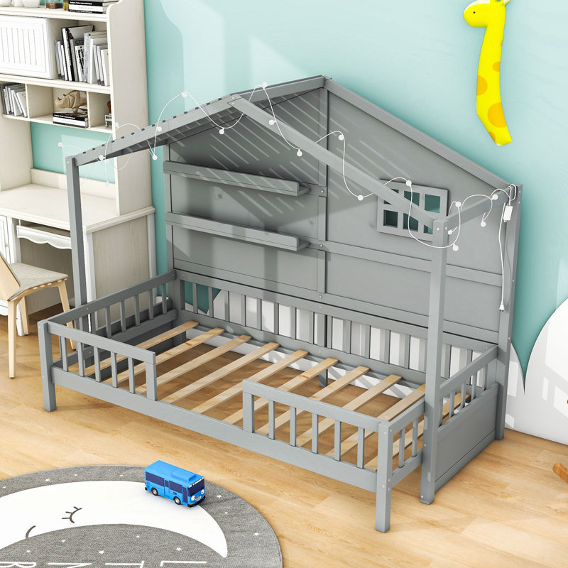 Lit simple en bois avec tablettes Trong, gris