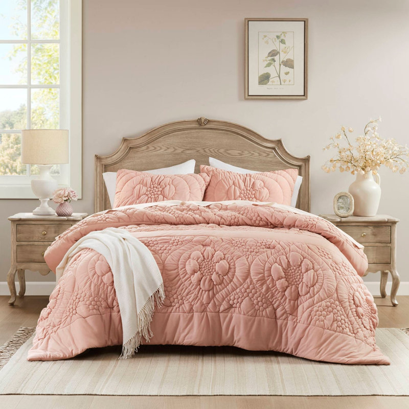 Ensemble d'édredon pour lit double / grand 3 pièces, rose